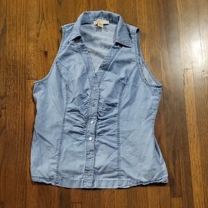 Michael Kors Blue Sleeveless Ruched Button Down Shirt